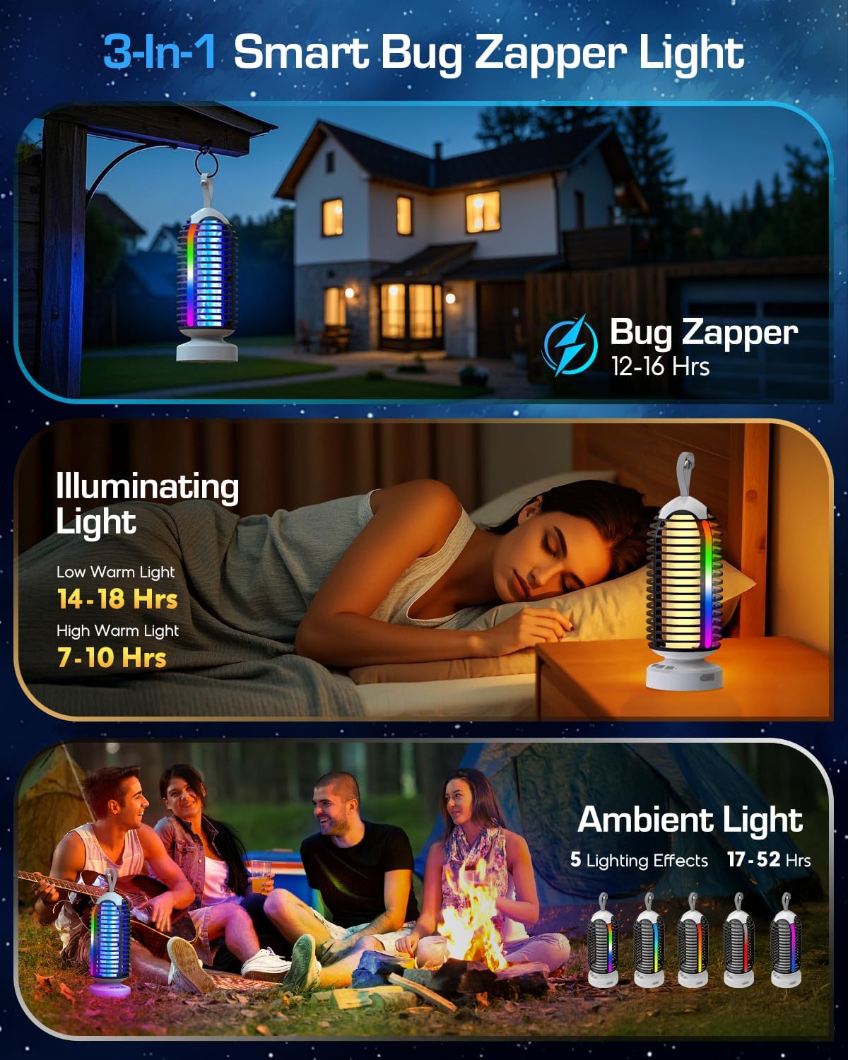 (2 Pack) Bug Zapper Outdoor with Marquee Light, Cordless Mosquito Zapper, 4000mAh Rechargeable Bug Zapper Indoor, Auto On/Off Waterproof Mosquito Trap Fly Zapper for Patio Backyard Kitchen Camping