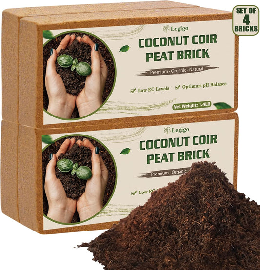 Legigo 4 Pack Premium Coco Coir Brick for Plants- 100% Organic Compressed Coconut Coir Bricks Starting Mix, Coco Coir Fiber Coconut Husk for Planting, Gardening, Potting Soil Substrate, Herbs